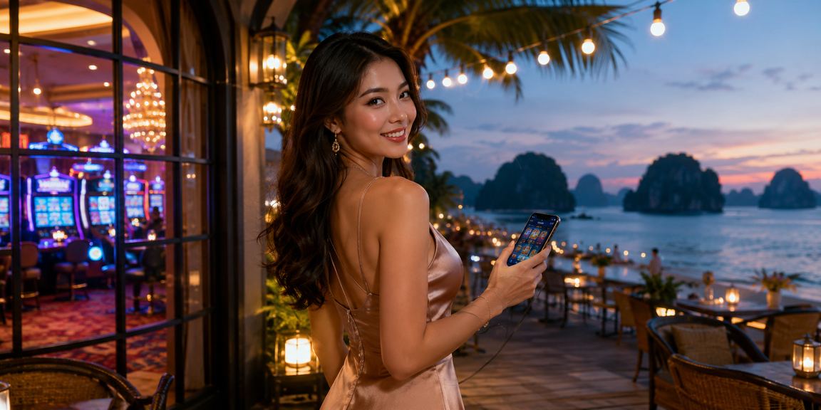 Người dùng thư giãn tại quán cà phê ven vịnh Hạ Long, truy cập casino trực tuyến trên điện thoại