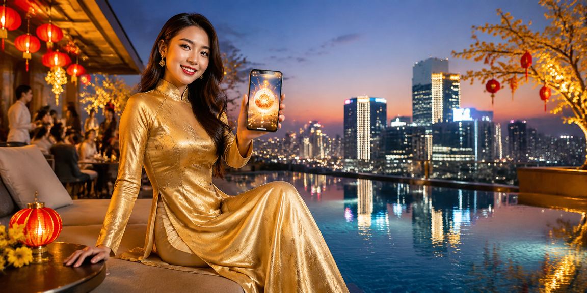 Người phụ nữ Hà Nội trong trang phục áo dài trải nghiệm xổ số và slots trên smartphone